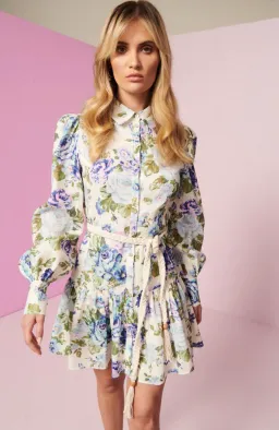 Kate Ford Mojave Short Shirt Dress Belt Floral Blue Size 3/Au 12 for rent on The Volte - image 2