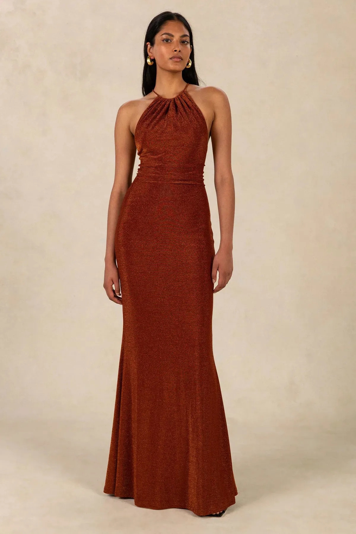 Misha Queenie Sparkle Slinky Gown Copper Size 6/XS for rent on The Volte - main image