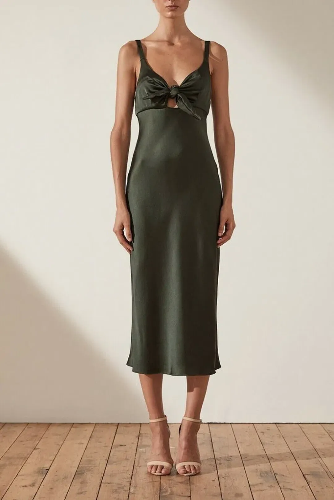 Shona Joy Douglas Tie Front Bias Midi Slip Dress In Green/ khaki In Size AU 8 for rent on The Volte - main image