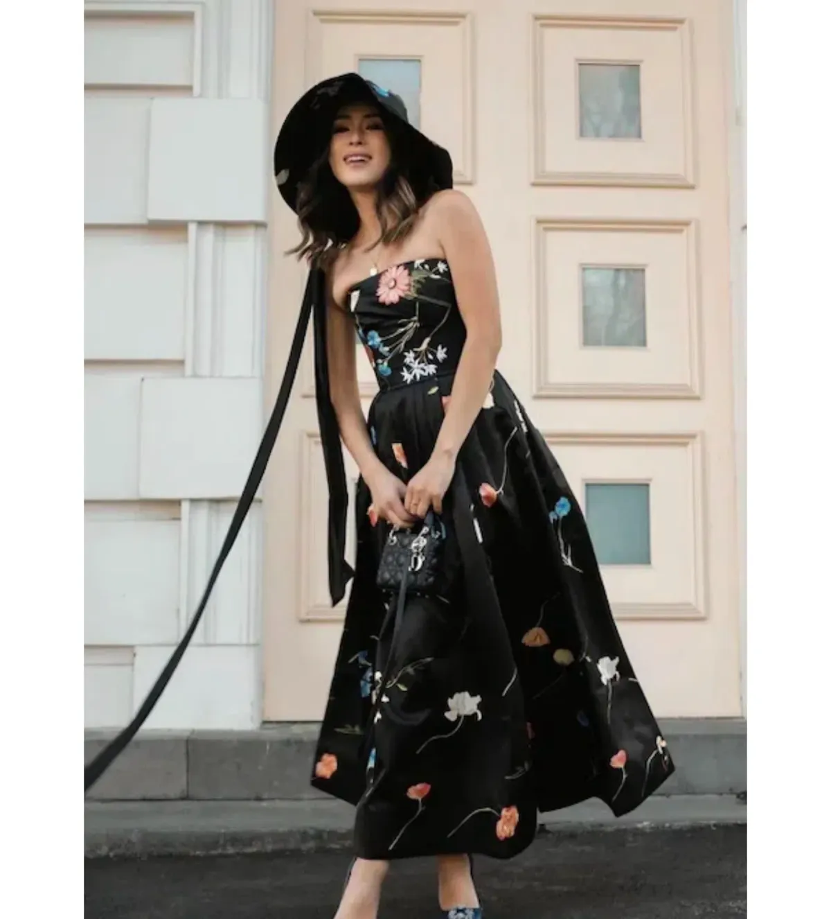 Leo Lin The Fields Embroidered Bustier Midi Dress Black Floral Size 10 for rent on The Volte - main image