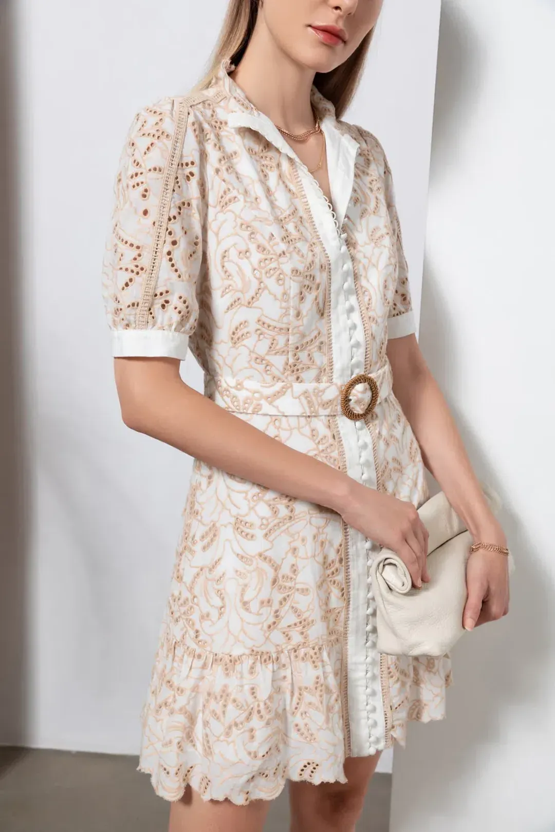 GDS Naomi Belted Short Dress Beige Size 10 for rent on The Volte - main image
