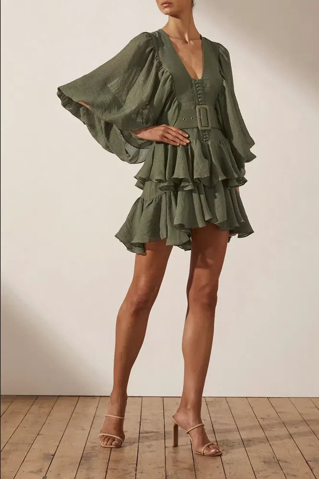 Shona Joy Charlotte Plunged Draped Mini Dress in Khaki Size 10 for rent on The Volte - main image