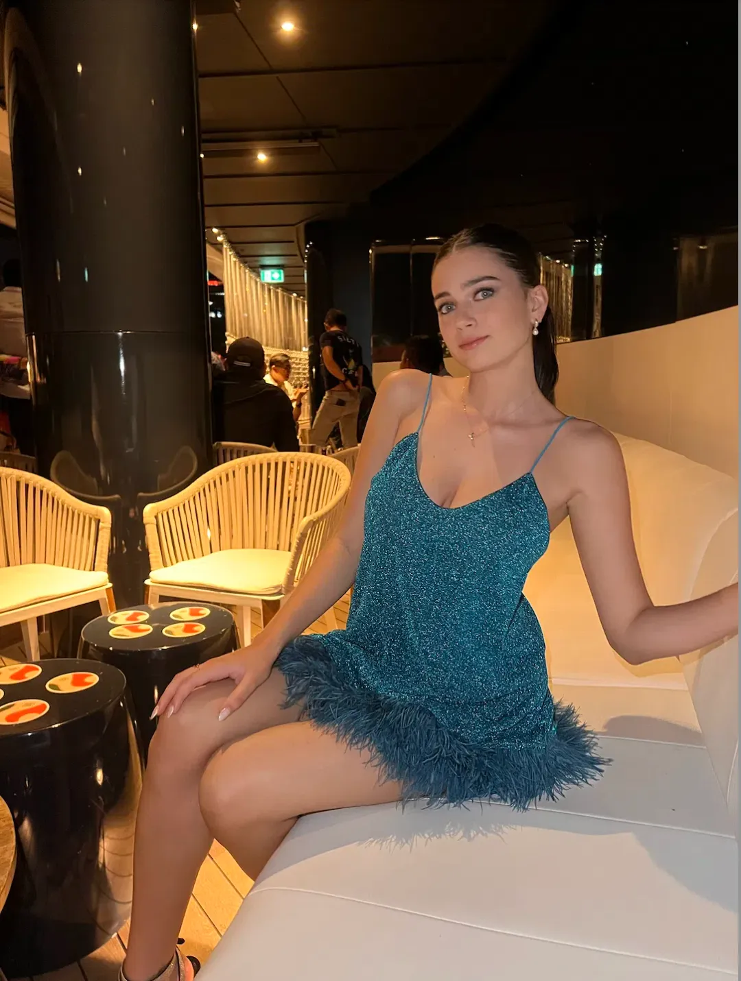 Oséree Lumière Feather-trimmed Stretch-lurex Mini Dress Blue Size 8  for rent on The Volte - main image