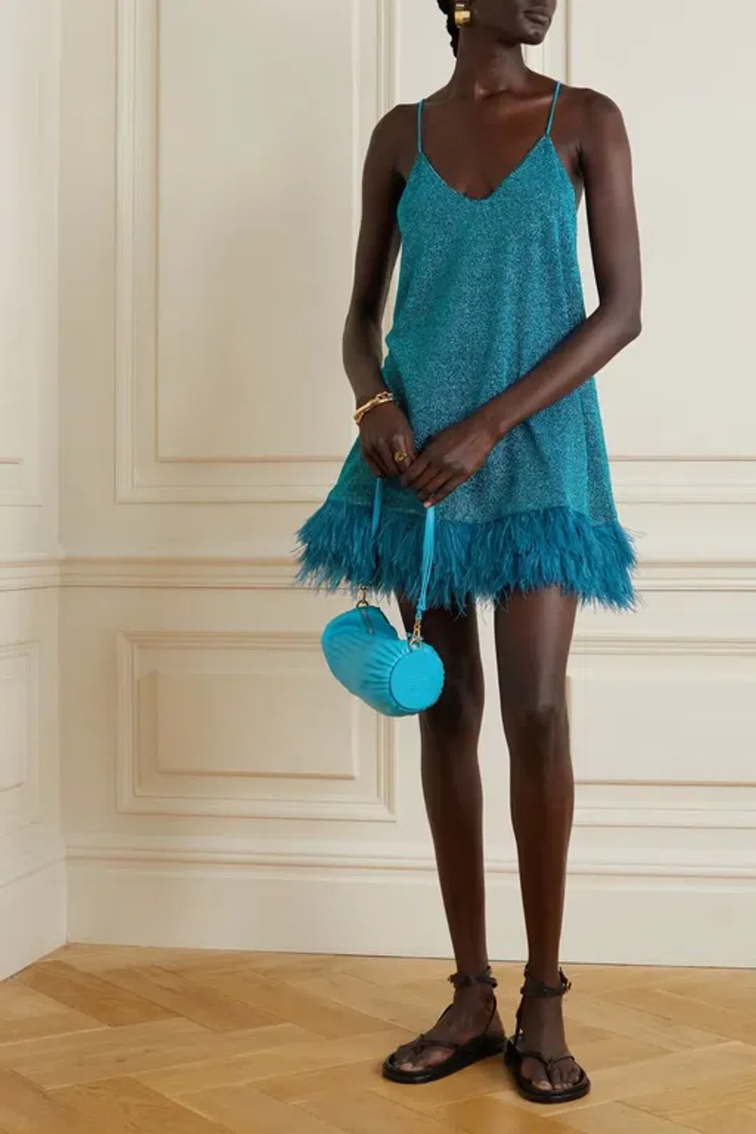 Oséree Lumière Feather-trimmed Stretch-lurex Mini Dress Blue Size 8  for rent on The Volte - main image