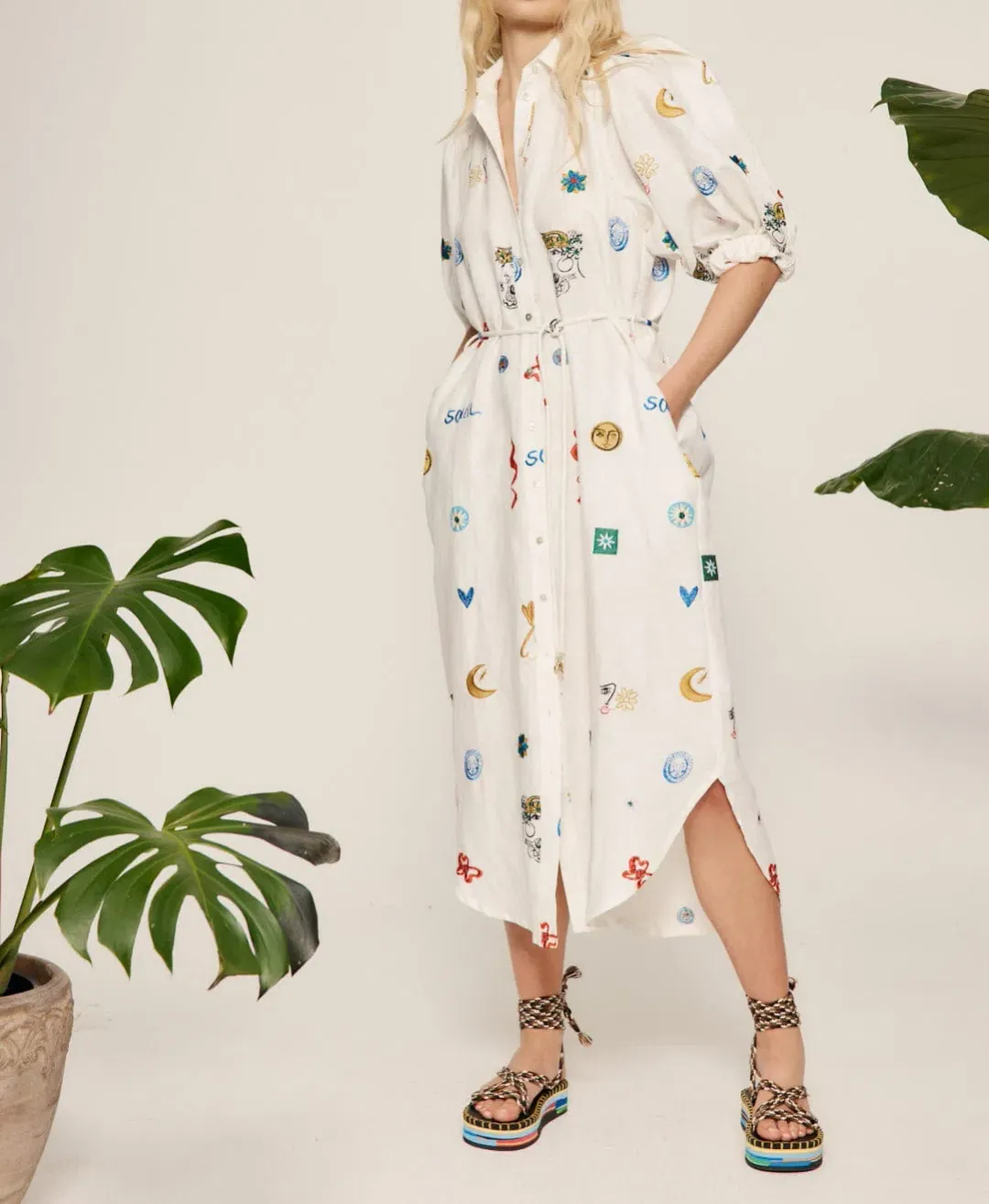 Alemais Soleil Embroidered Linen Shirtdress Print Size 12 for rent on The Volte - main image