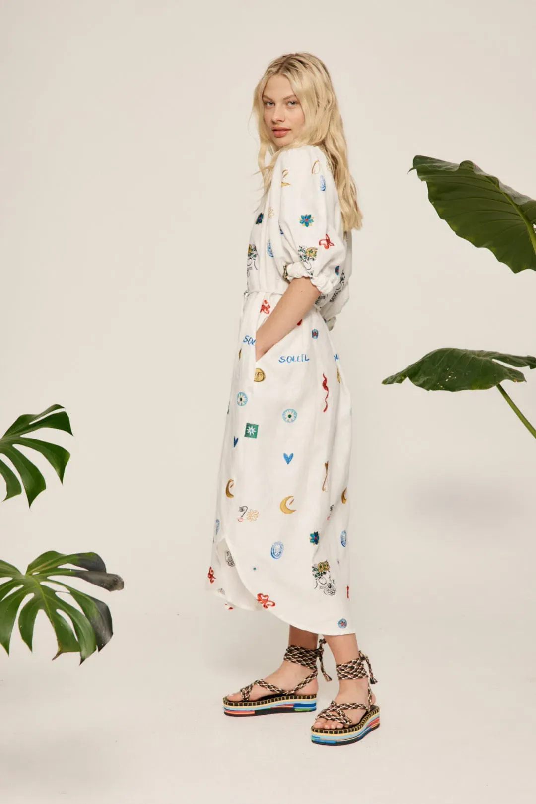 Alemais Soleil Embroidered Linen Shirtdress Print Size 12 for rent on The Volte - main image
