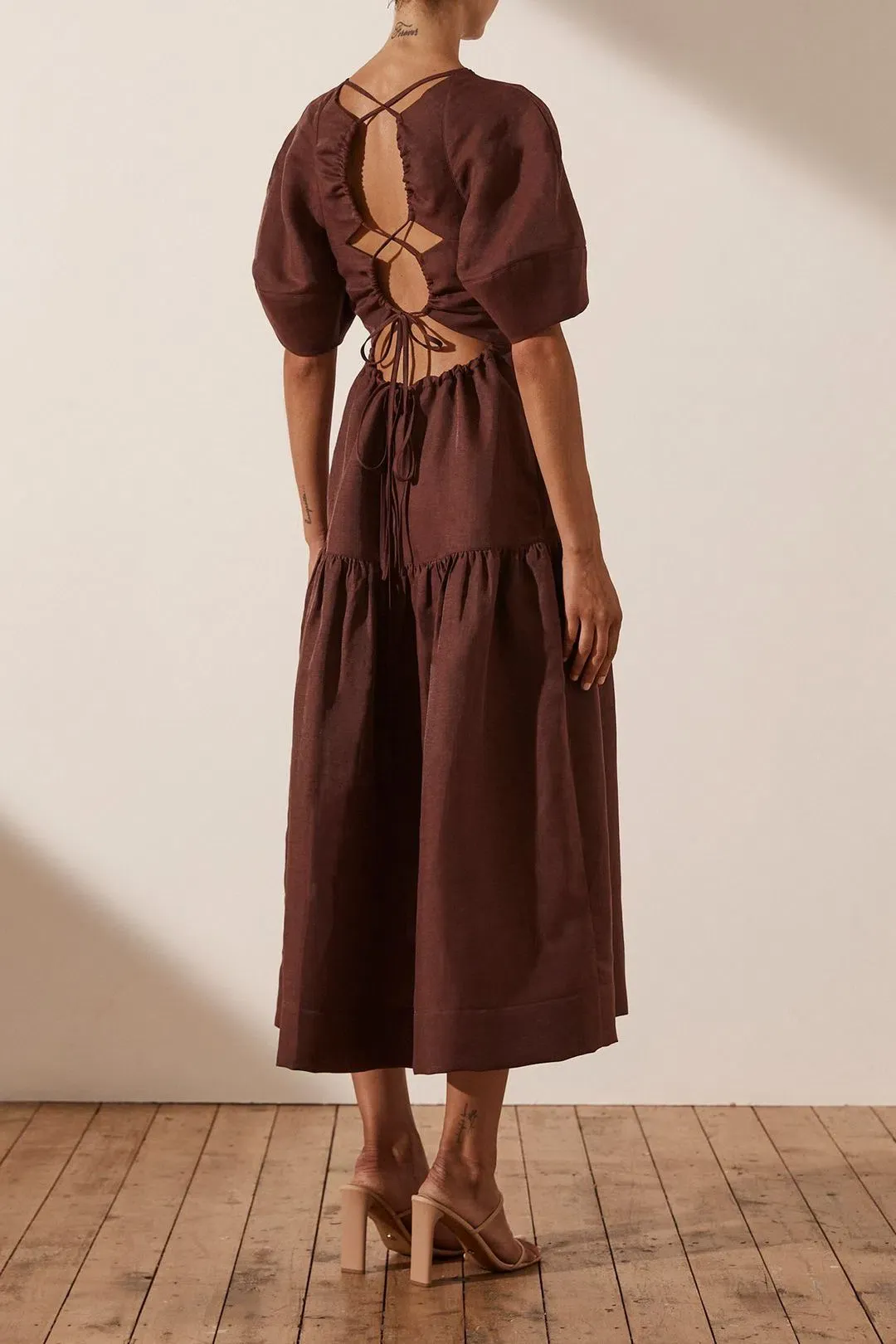 Shona Joy Marlene Open Back Midi Dress in Chocolate Size 10 / M for rent on The Volte - main image