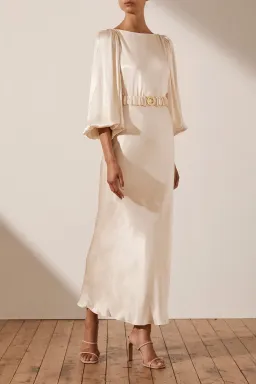 Shona Joy La Lune Balloon Sleeve Midi Dress with Belt in Cream Size 12 / L for rent on The Volte - image 1