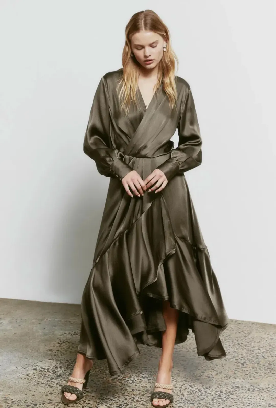 Aje Surrender Drape Dress in Khaki Size 14 for rent on The Volte - main image