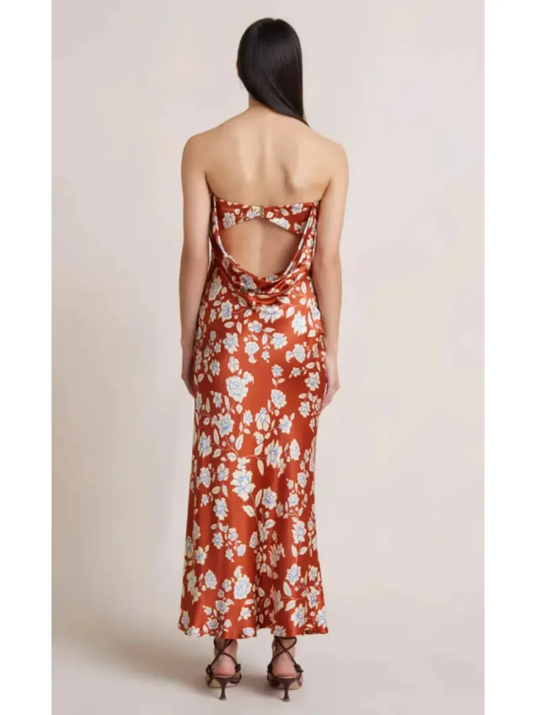Bec & Bridge Blossom Strapless Maxi Dress Rust Print Size AU 6 for rent on The Volte - main image