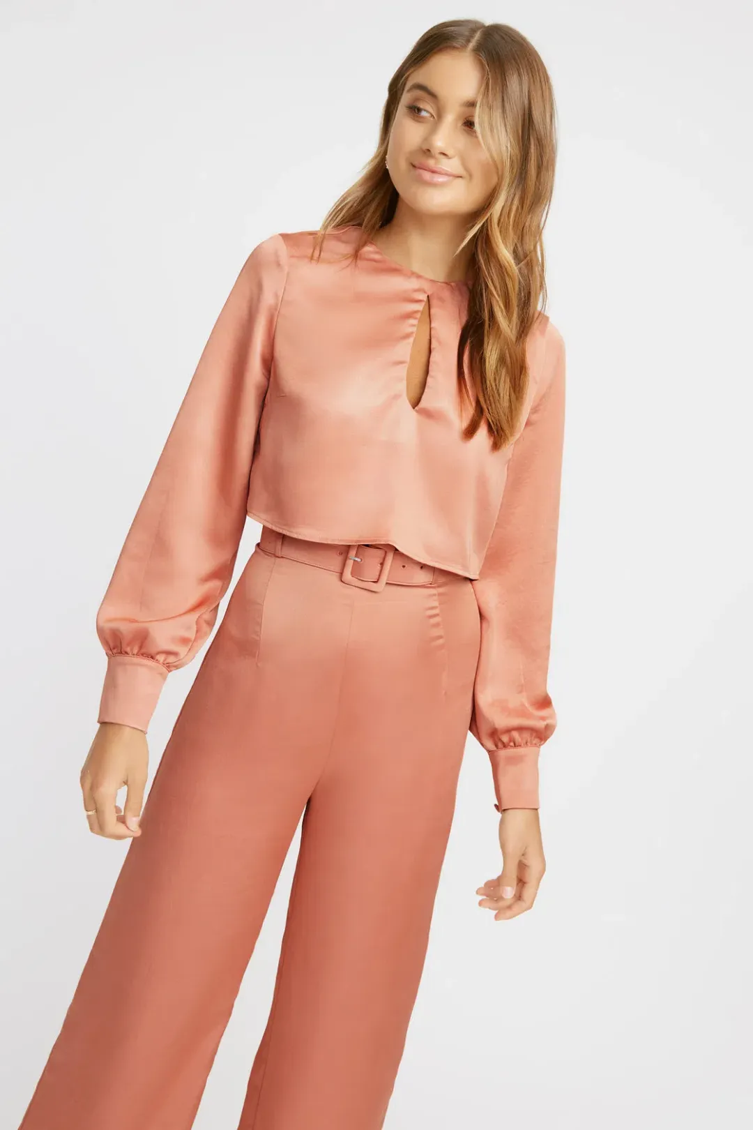 Kookai Lloyd Keyhole Silk Long Sleeve Top Dusty Pink Size 36/AU 8 for rent on The Volte - main image