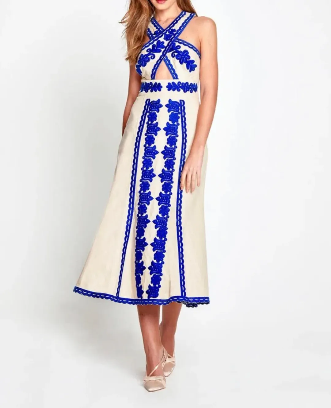 Alice McCall Wild Horses Midi Dress Cream/Blue Size 8 / S for rent on The Volte - main image