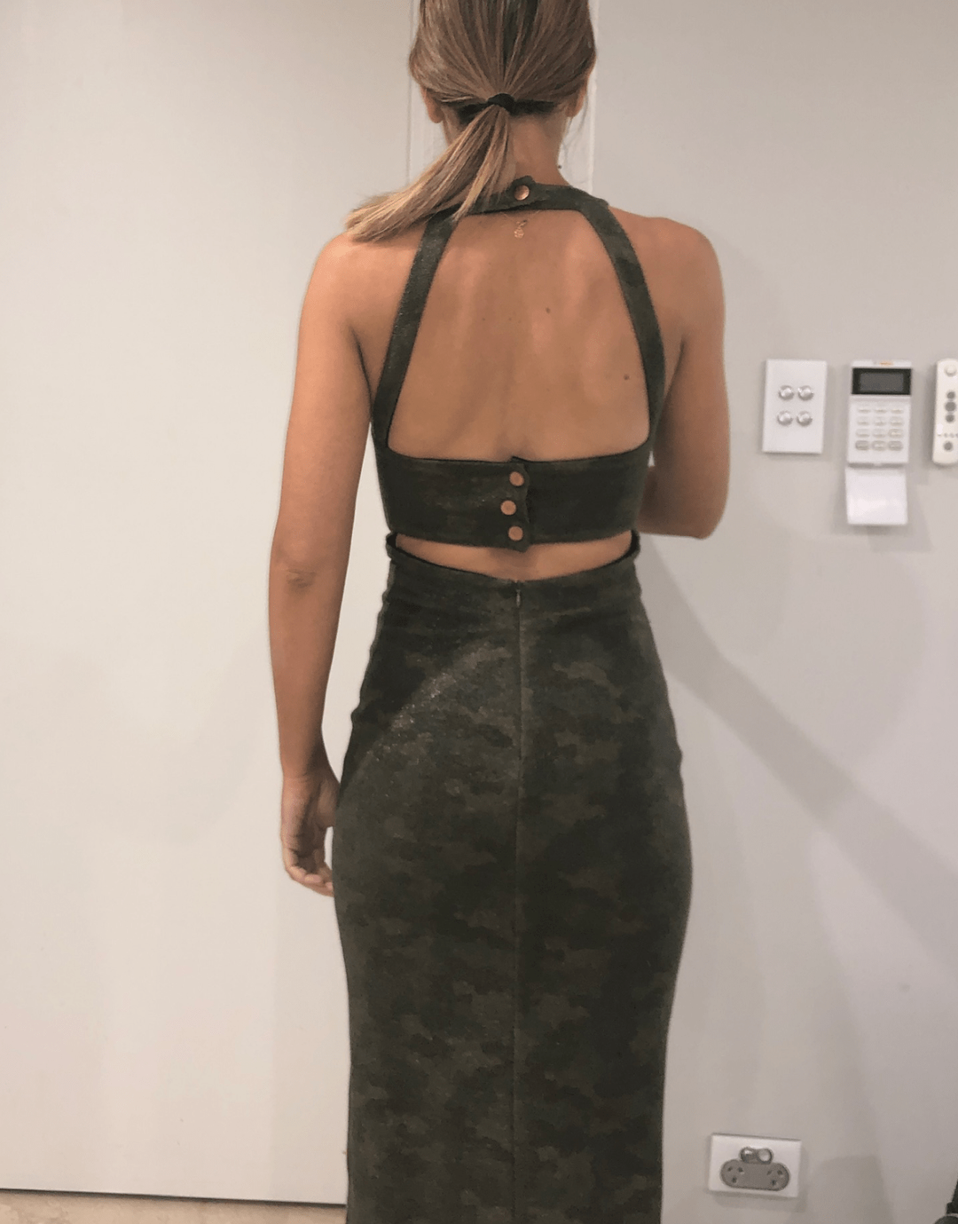 Manning Cartell Camouflage Green Midi SAMPLE PIECE Sz 6 for rent on The Volte - main image