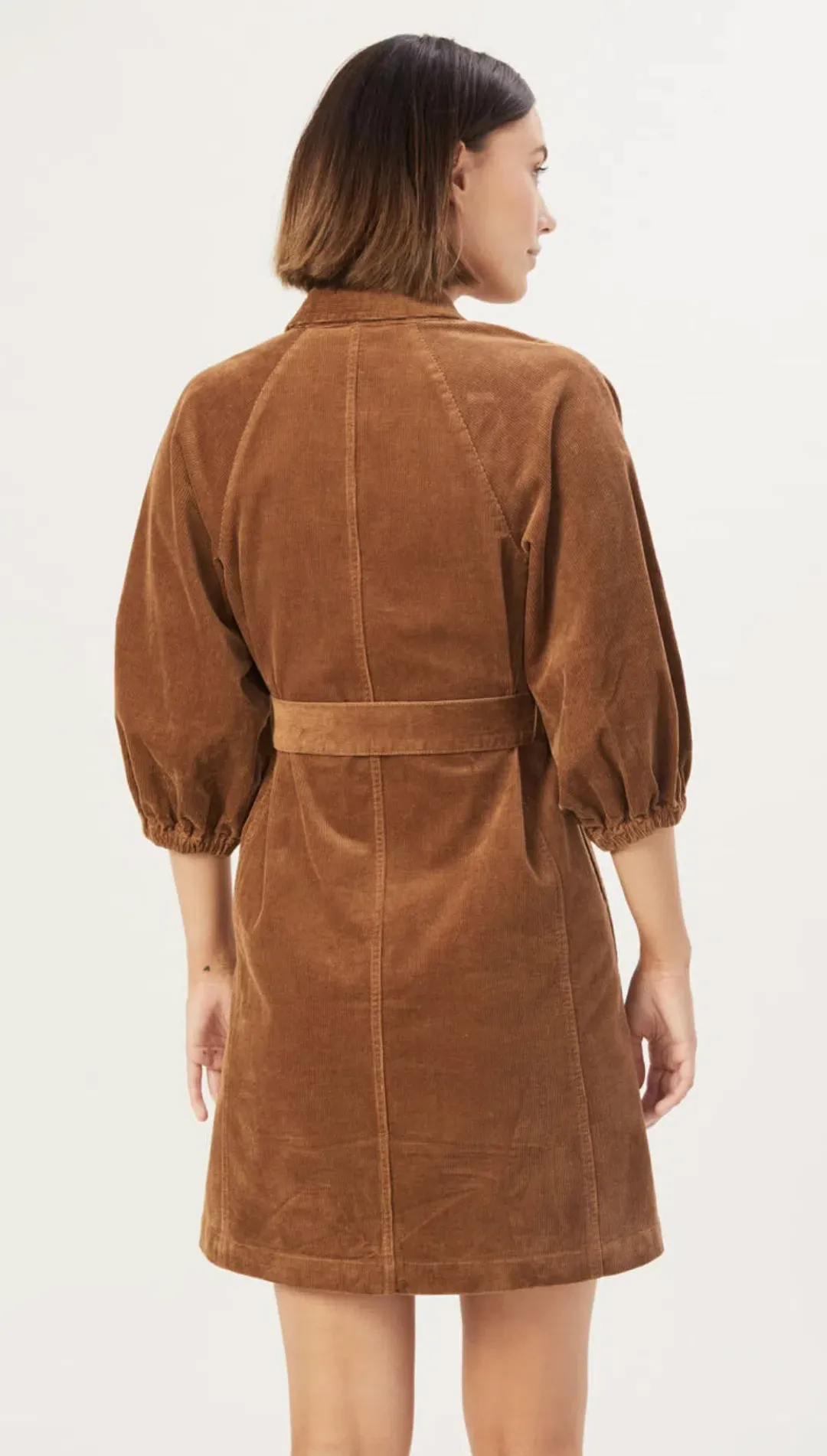 French Connection Corduroy Puff Sleeve Mini Dress Brown Size 12 for rent on The Volte - main image