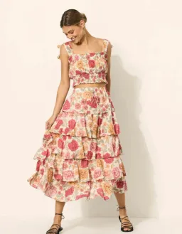 Kivari Camela Shirred Top Size 14 and Midi Skirt Size 10 Set Floral  for rent on The Volte - image 1