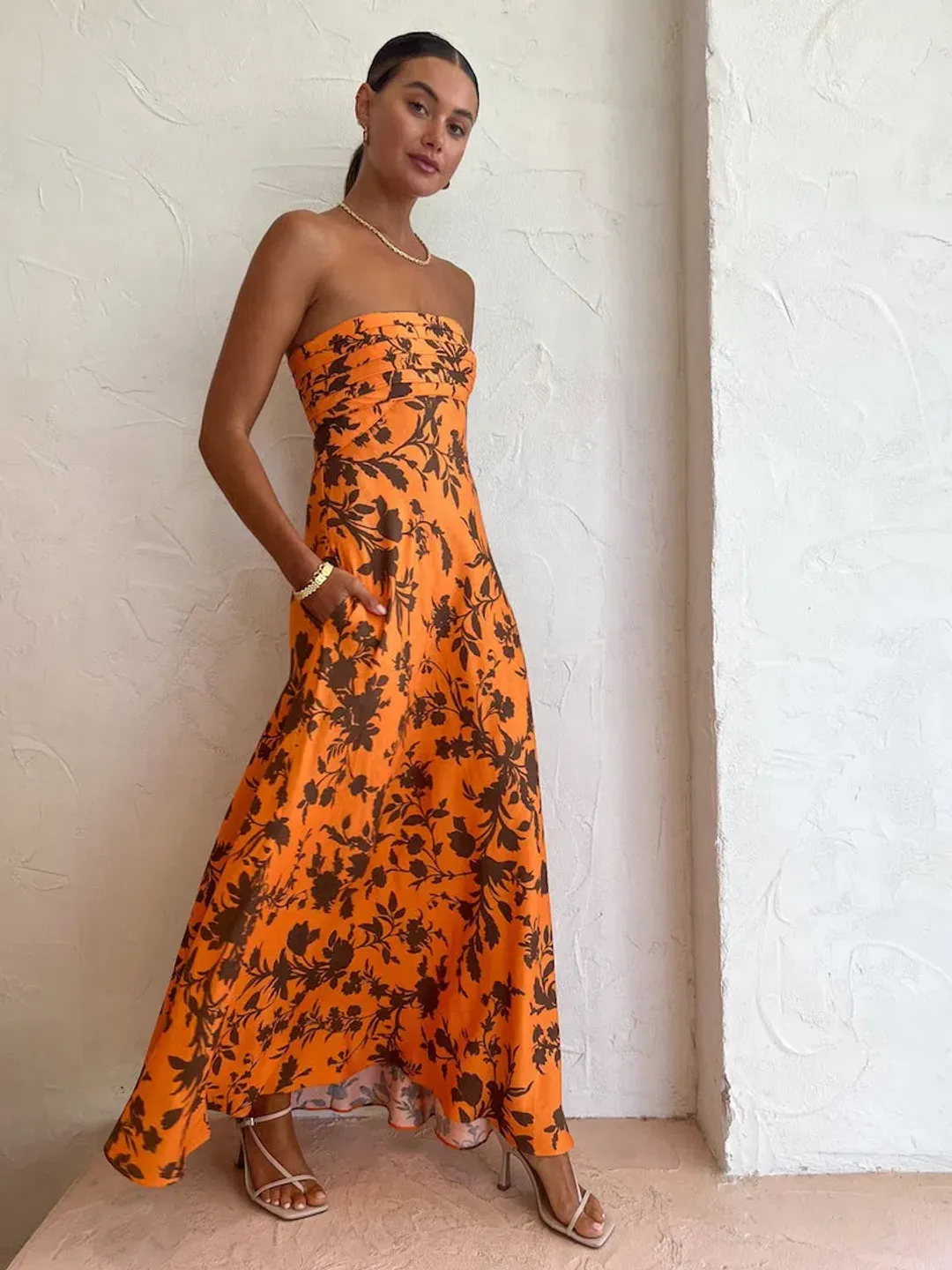 Shona Joy Uli Corded Strapless  Maxi Dress Orange Floral Size 8 / S for rent on The Volte - main image