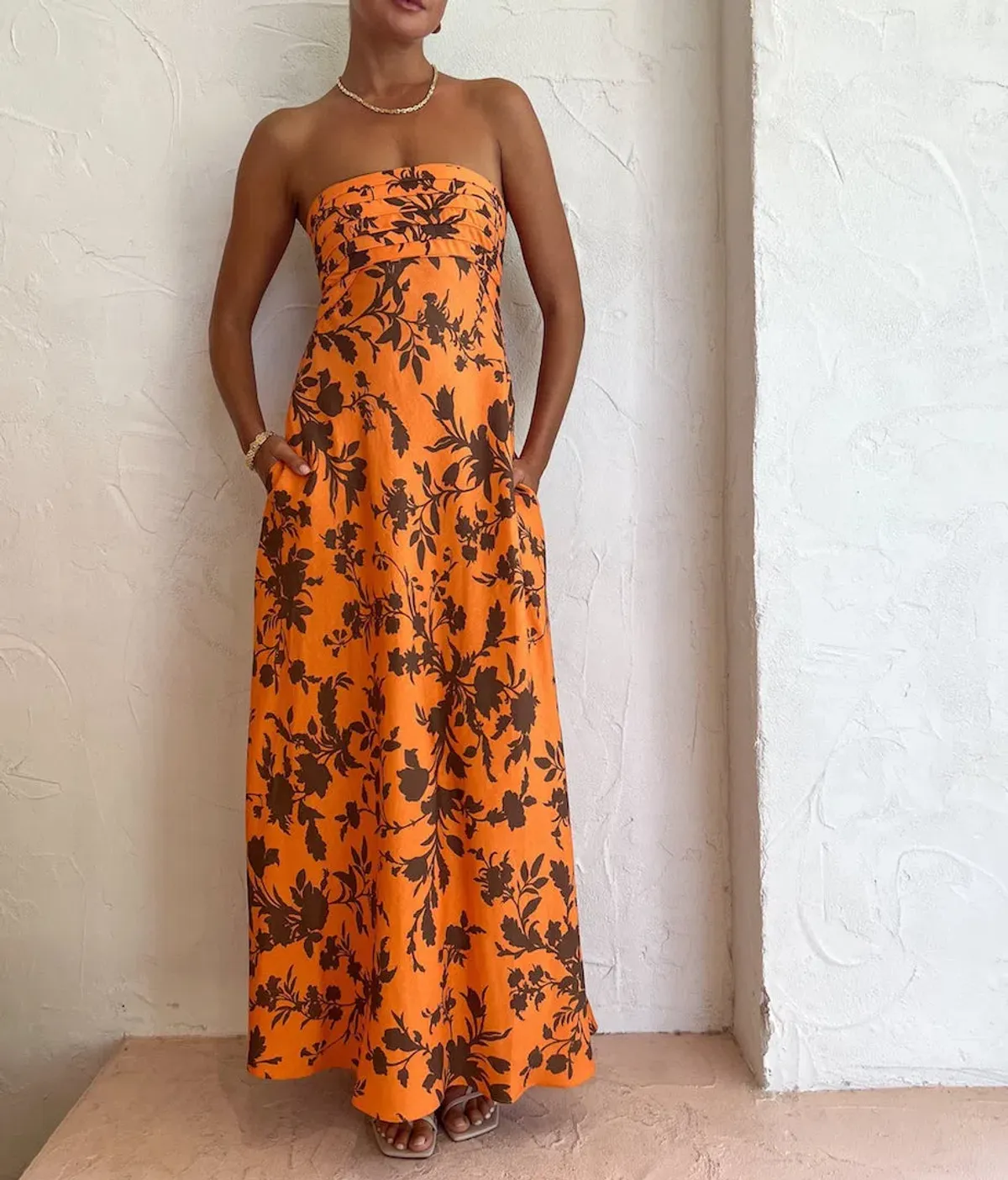 Shona Joy Uli Corded Strapless  Maxi Dress Orange Floral Size 8 / S for rent on The Volte - main image