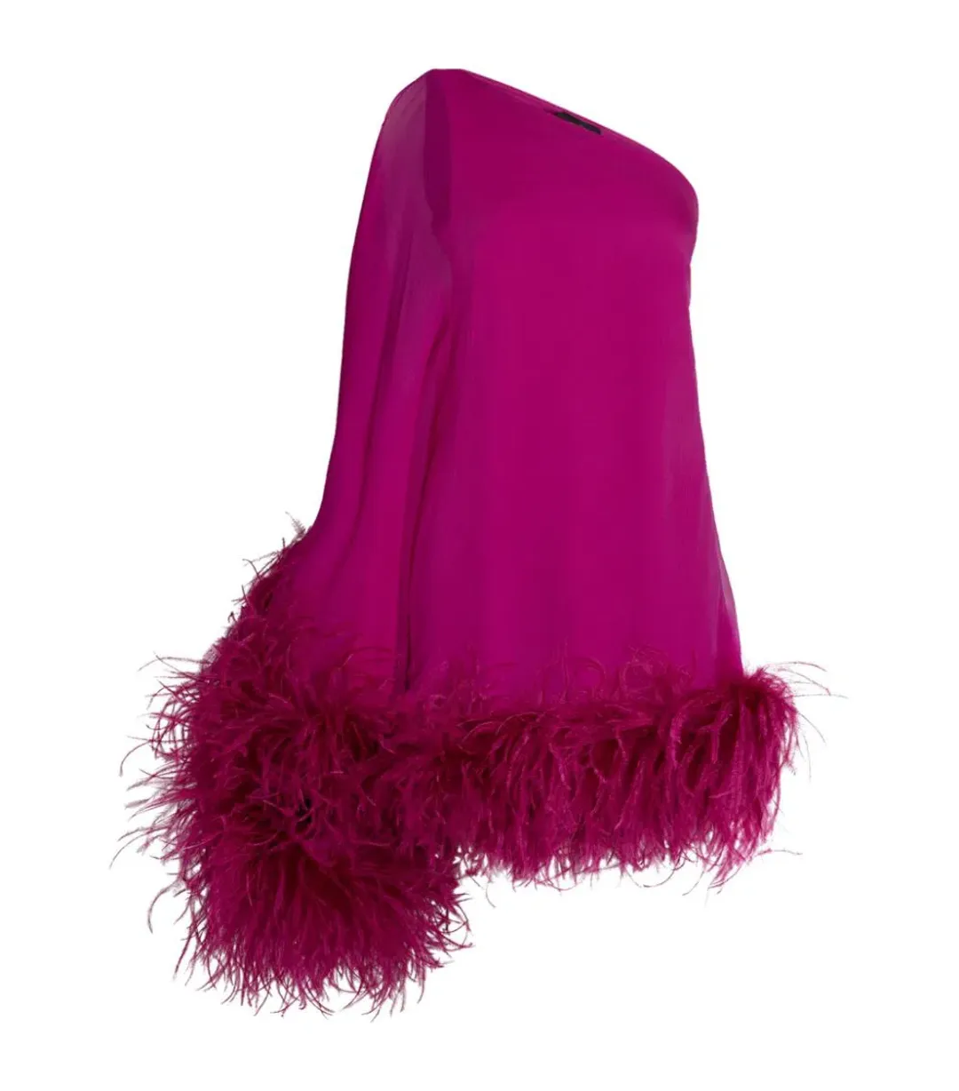 TALLER MARMO  Feather-Trimmed Asymmetric Mini Dress Pink Size 10 for rent on The Volte - main image