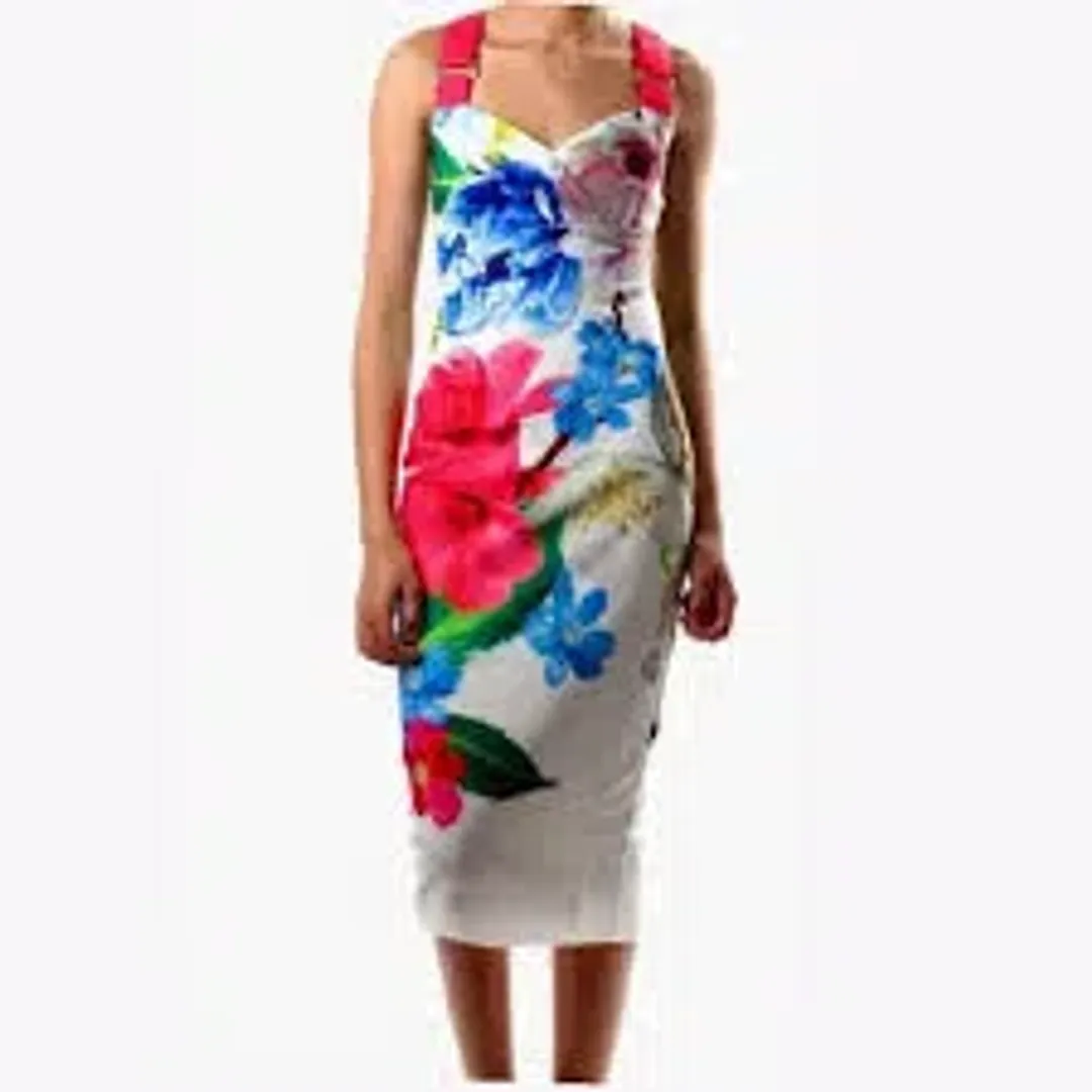 Ted Baker Alexie Dress in Forget Me Not Print in White Size 8 for rent on The Volte - main image