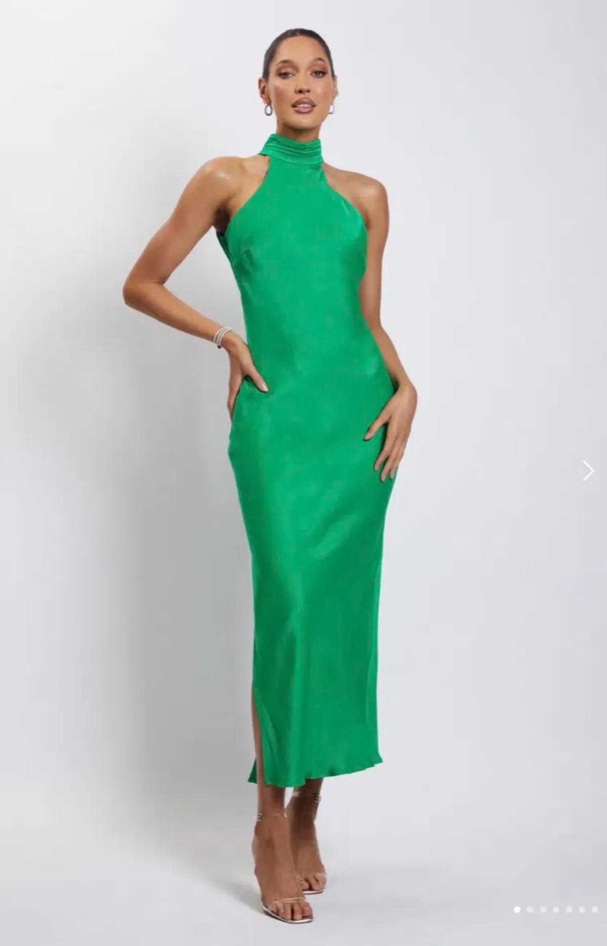 Meshki Claire Satin Drape Back Maxi Dress with Split Green Size 8 for rent on The Volte - main image