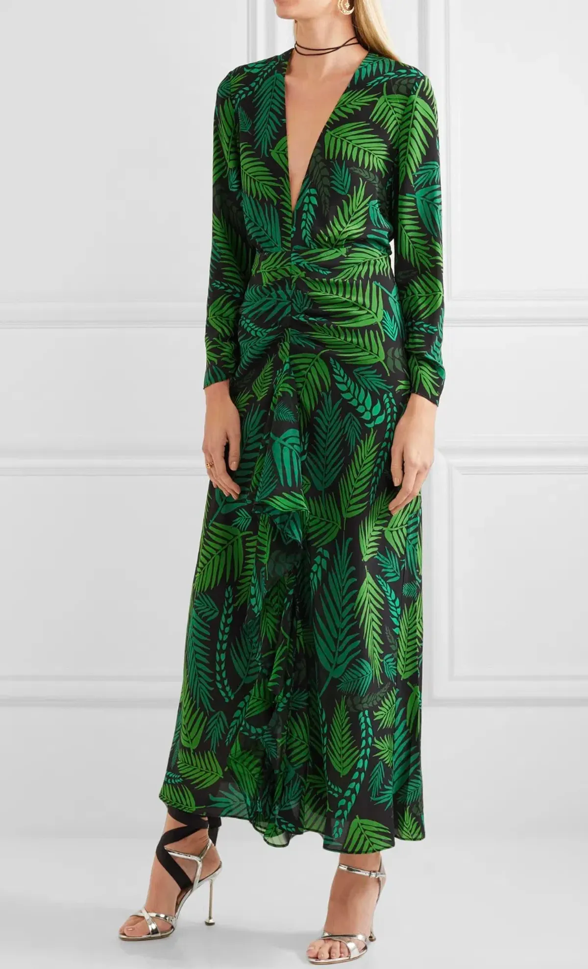 Rixo 'Rose'  open back ruffled, green printed silk georgette maxi dress size Small AU10 for rent on The Volte - main image