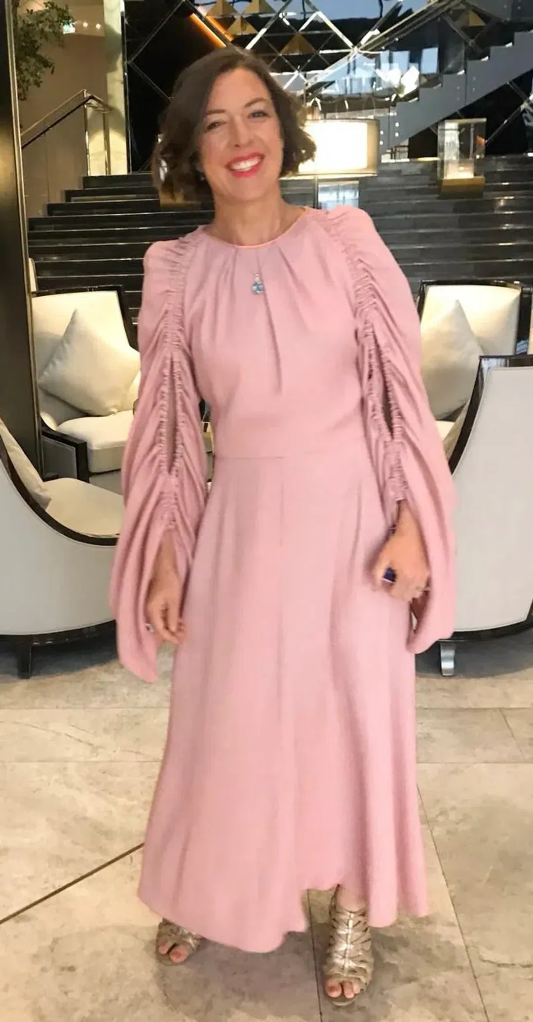 Roksanda Silk Midi Dress With Ruched Sleeves Pastel Pink Size AU 8 for rent on The Volte - main image