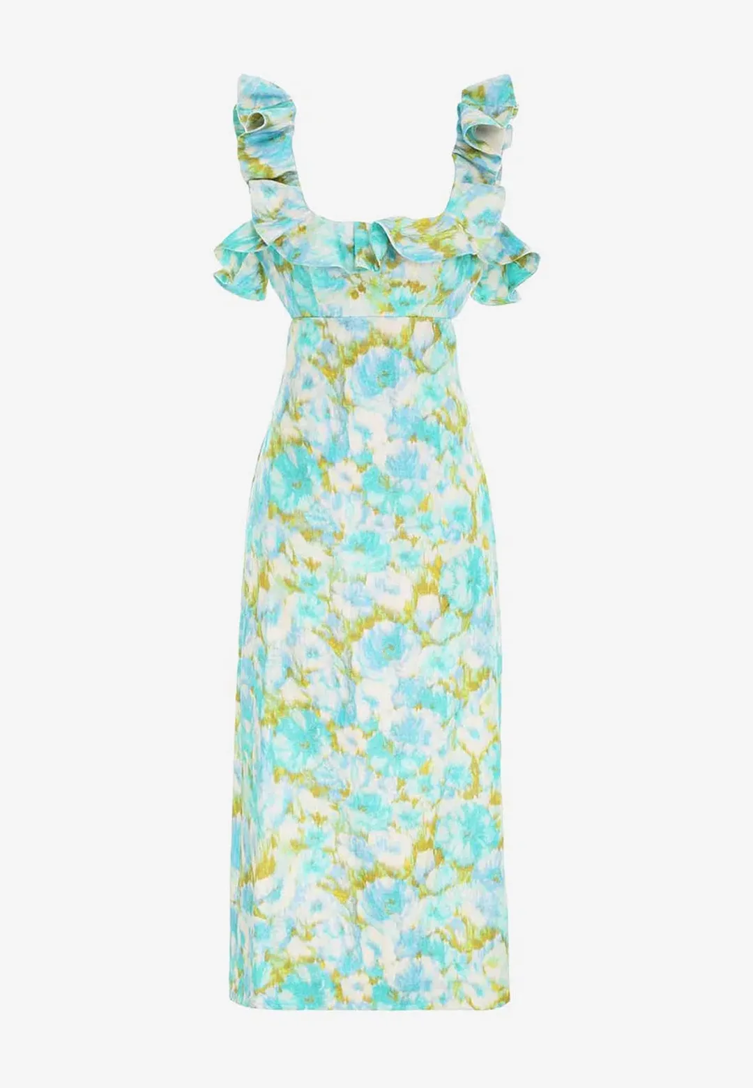 Zimmermann High Tide Frilled Midi Aqua Ikat Floral Size 1/Au 10  for rent on The Volte - main image