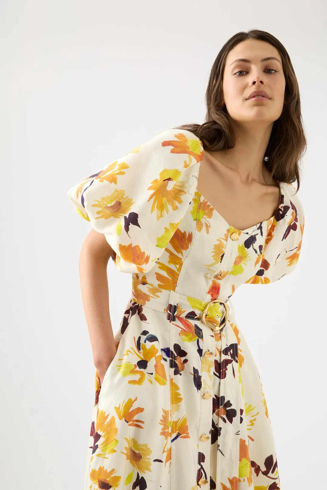 Aje Soleil Belted Midi Dress Pressed Sunflowers Size 10 for rent on The Volte - main image