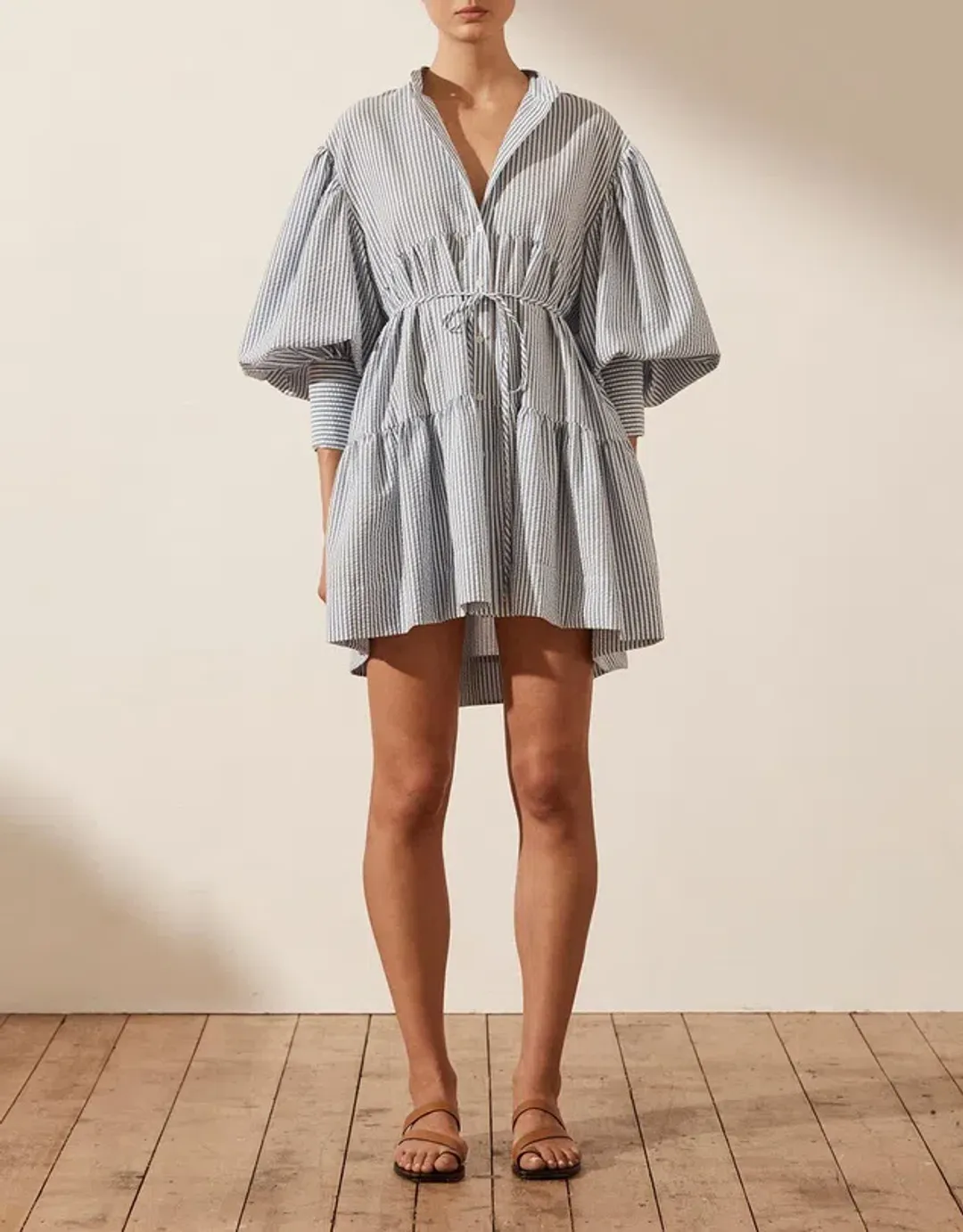 Shona Joy Roberta Balloon Sleeve Tiered Mini Dress Blue Size 8 / S for rent on The Volte - main image