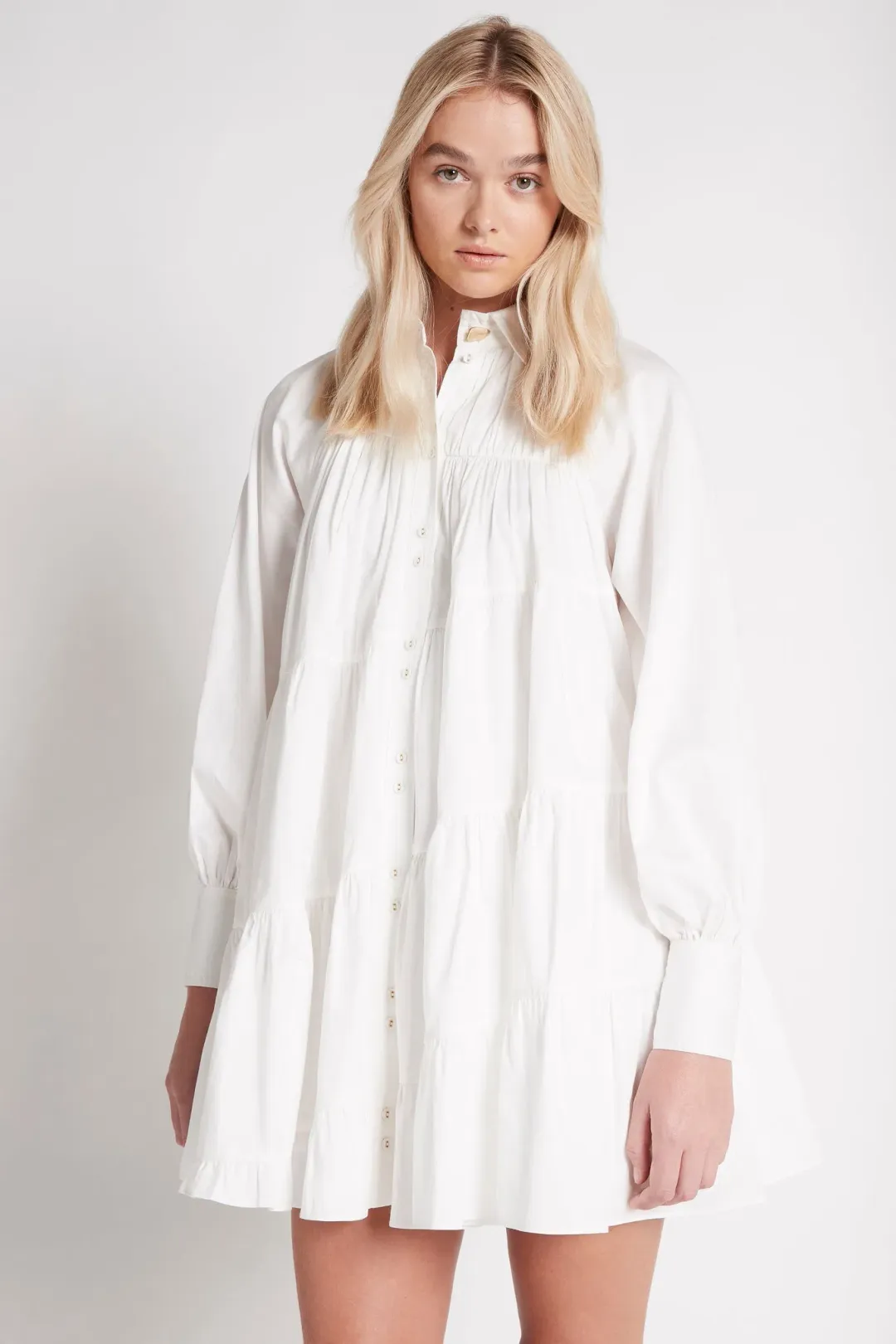 Aje Cascade Gathered Smock Mini Dress White Size 10 for rent on The Volte - main image