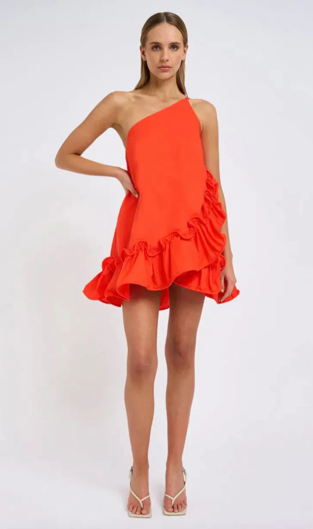 By Johnny Rope Frill Asymmetric Mini Dress Red Size 10 for rent on The Volte - main image