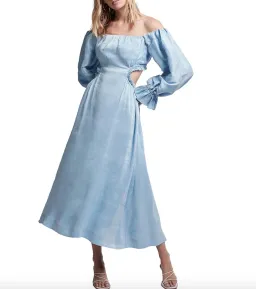 Aje Overture Blouson Midi Dress Off Shoulder Blue Size AU 4 for rent on The Volte - image 1