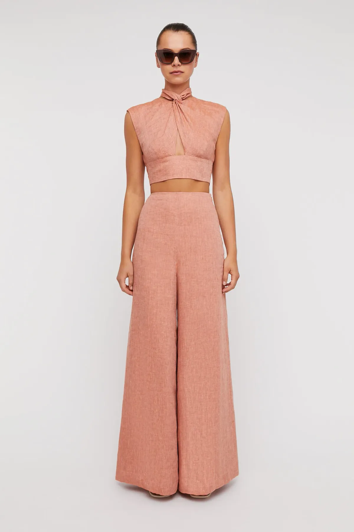 Scanlan Theodore Italian Linen Trouser And Turban Twist Top Set Pink Size 8 for rent on The Volte - main image