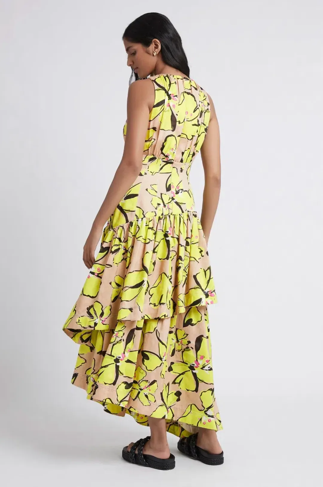 AJE Pelicano Racer Asymmetric Tiered Dress Citrus Bloom Size 10 for rent on The Volte - main image
