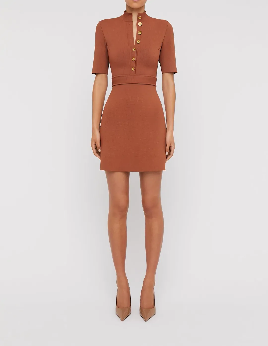 Scanlan Theodore Crepe Knit Mini Button Dress Brown Size XS / 6 for rent on The Volte - main image