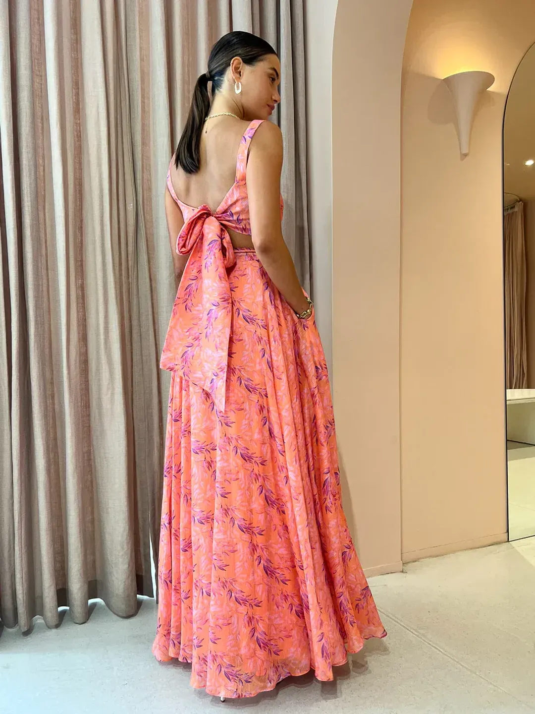 Sonya Moda Serena Maxi Skirt & Top In Peach Watercolour Print Size 8  for rent on The Volte - main image