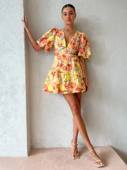 By Nicola Sol Puff Sleeve Mini Dress In Citrus Print Size 10 for rent on The Volte - image 1