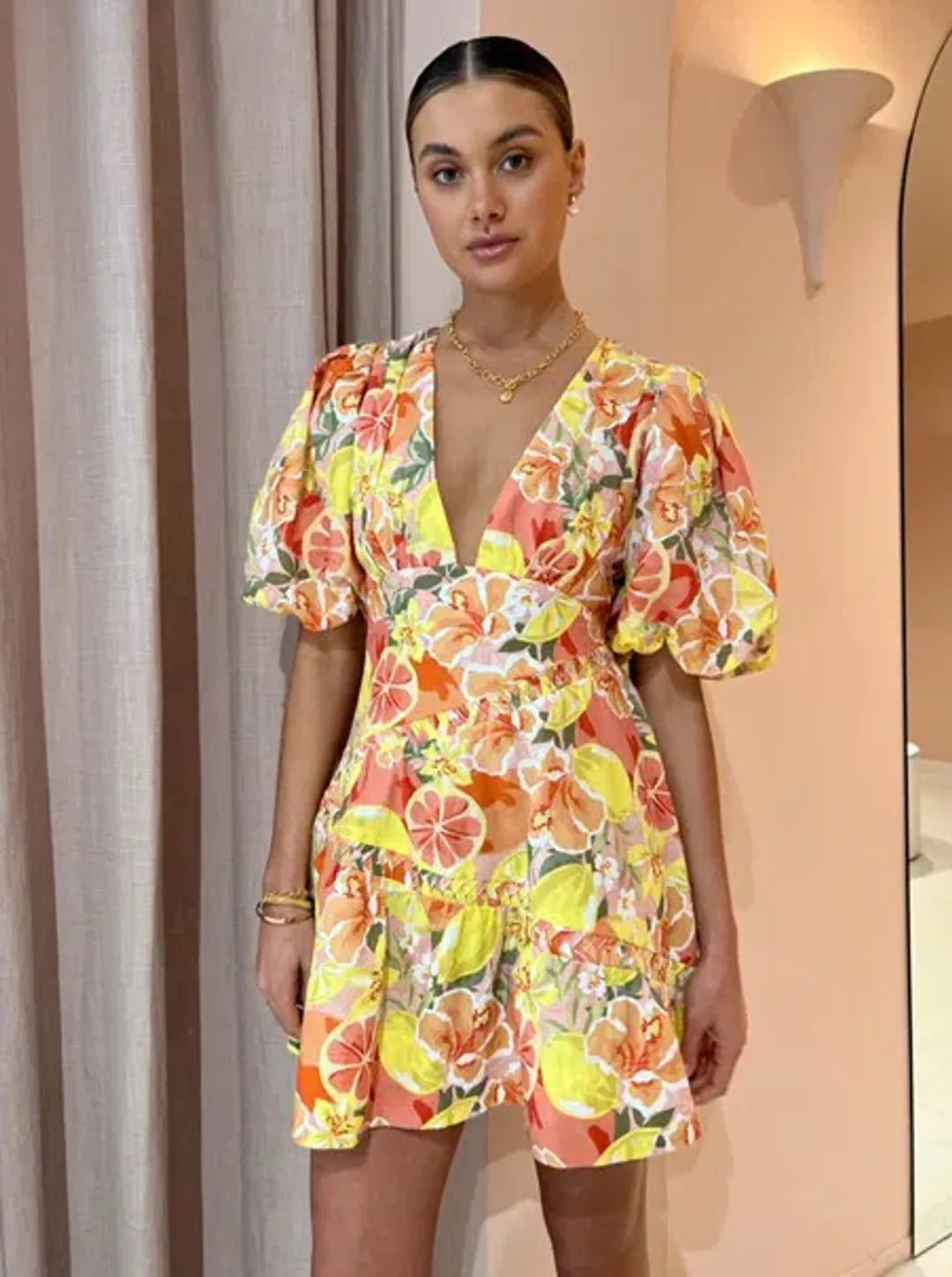 By Nicola Sol Puff Sleeve Mini Dress In Citrus Print Size 10 for rent on The Volte - main image