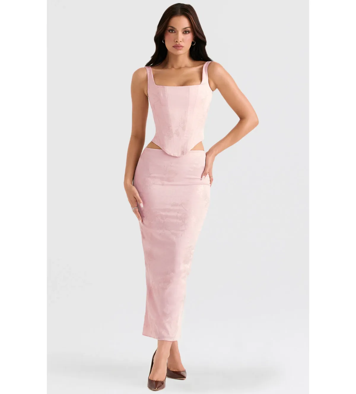 House of CB Luisette Metallic Midi Skirt & Rafa Corset Set Pink Floral Size 8  for rent on The Volte - main image
