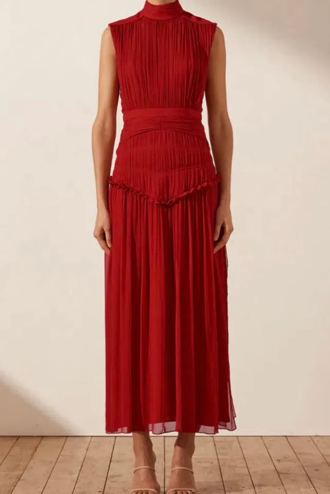 Shona Joy Clemence Lèonie High Neck Midi Dress Red Size 8  for rent on The Volte - main image