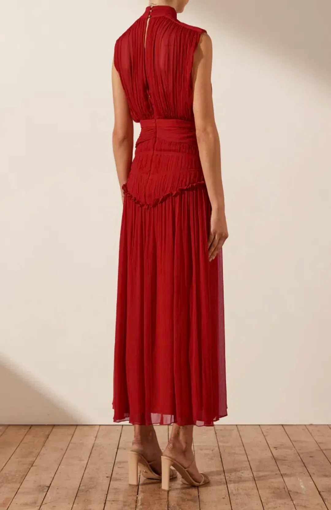Shona Joy Clemence Lèonie High Neck Midi Dress Red Size 8  for rent on The Volte - main image