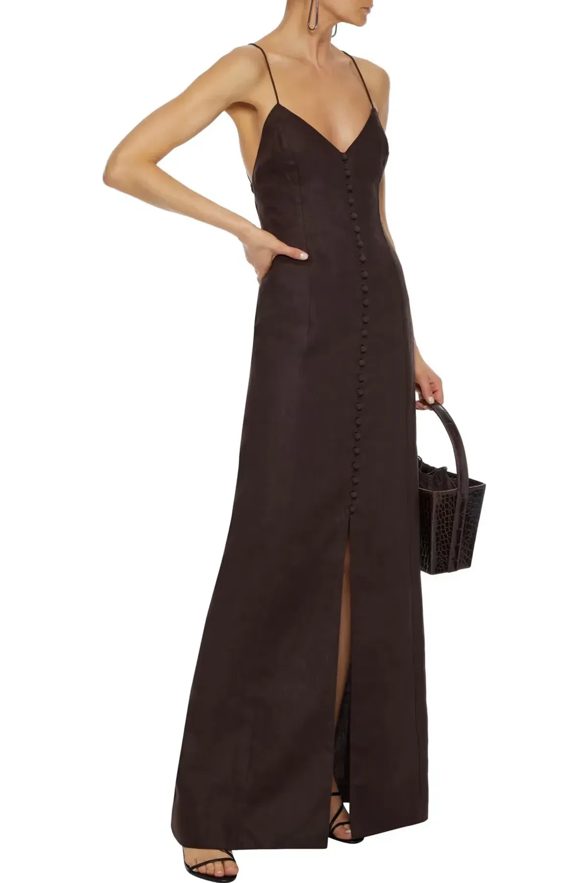 Zimmermann Corsage Open-back Button-detailed Linen Maxi Dress In Chocolate Size 0/Au 8 for rent on The Volte - main image