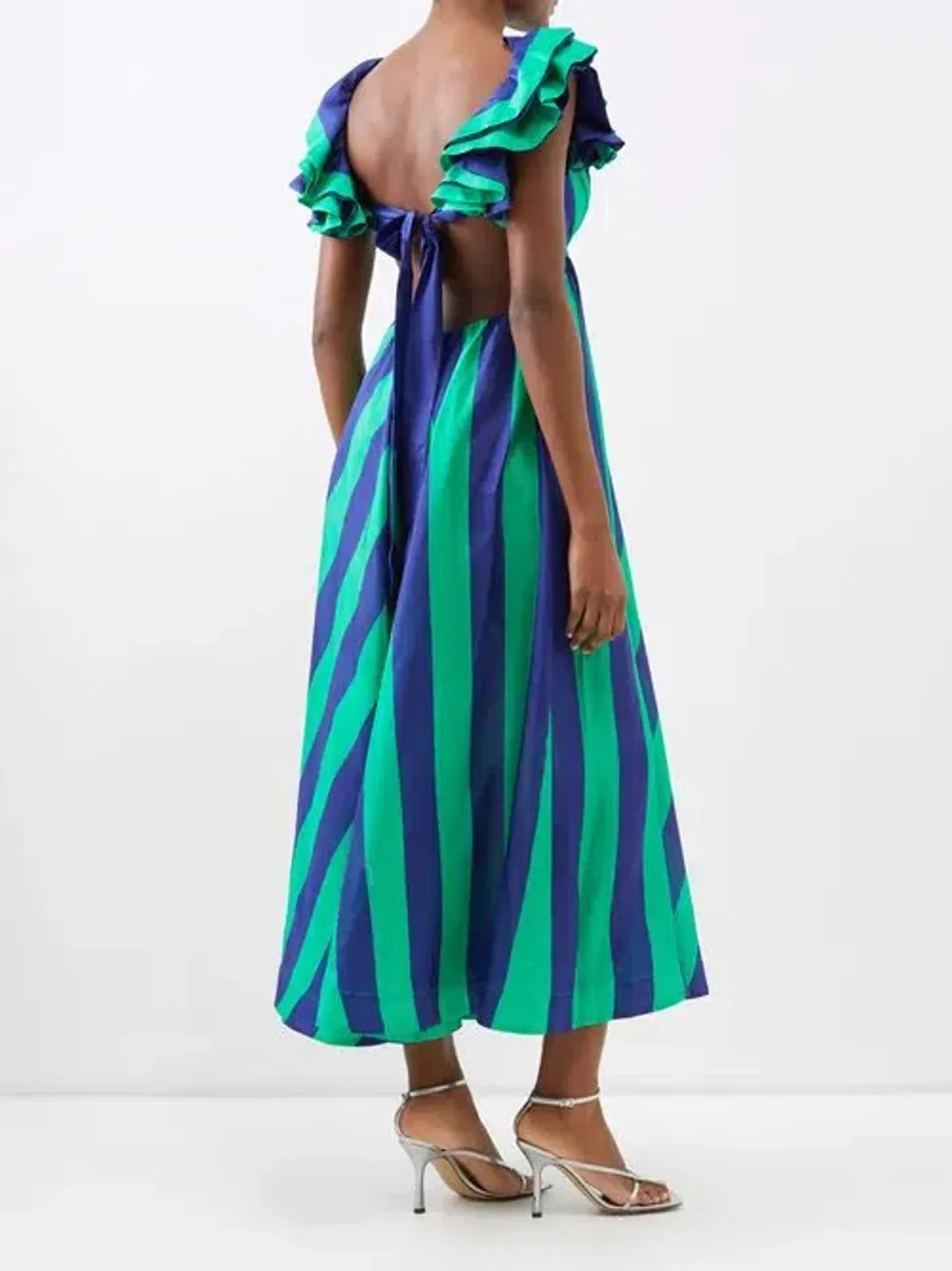 Zimmermann The Tiggy Frill Shoulder Dress in Navy/Green Stripe Size 1/Au 10 for rent on The Volte - main image
