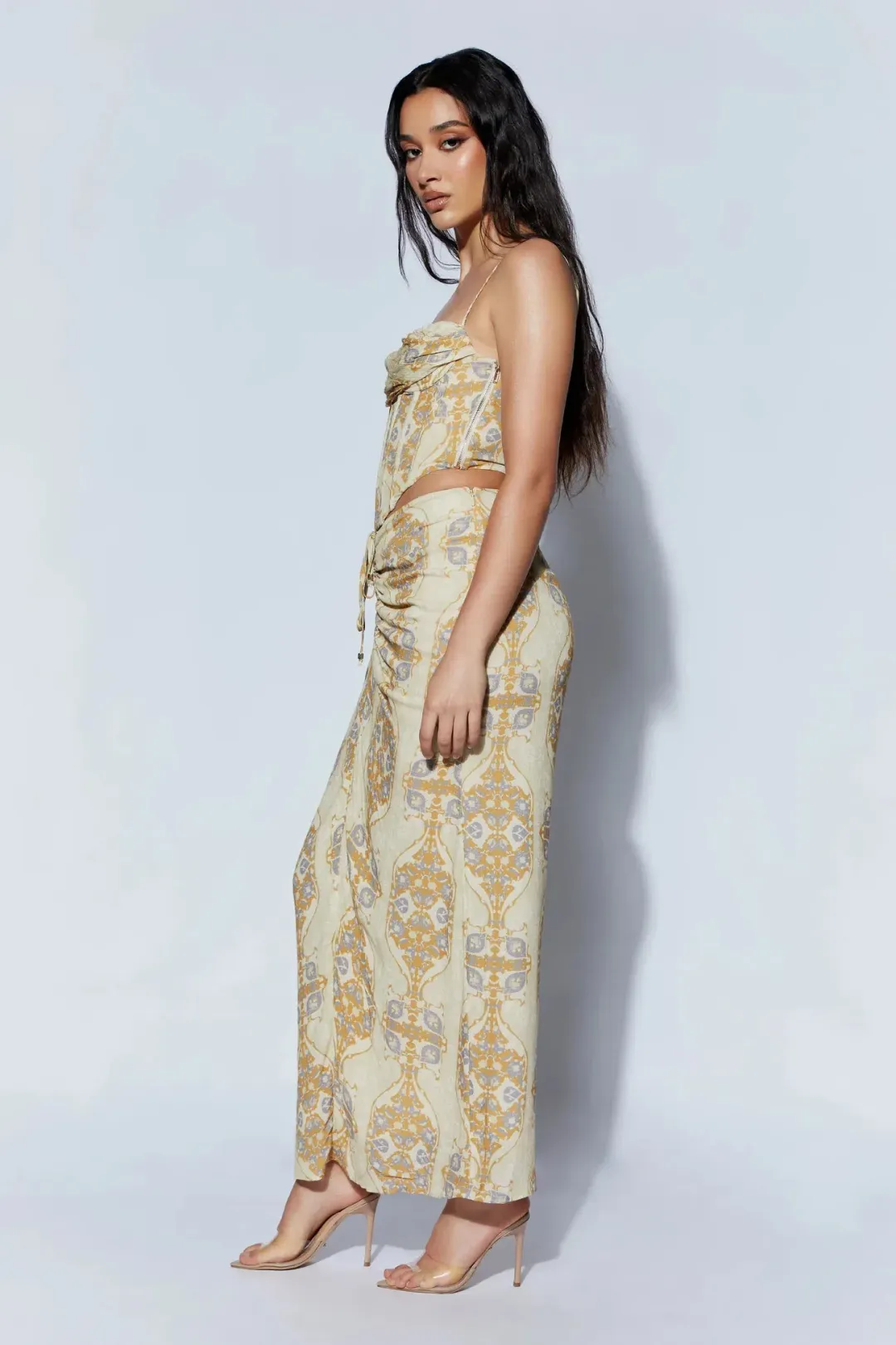 Meshki Cyra Corset Top And Afra Front Ruched Midi Skirt Persian Print Beige Size AU 8 for rent on The Volte - main image