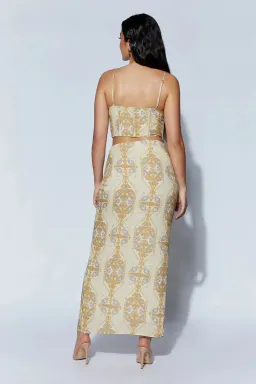 Meshki Cyra Corset Top And Afra Front Ruched Midi Skirt Persian Print Beige Size AU 8 for rent on The Volte - image 3
