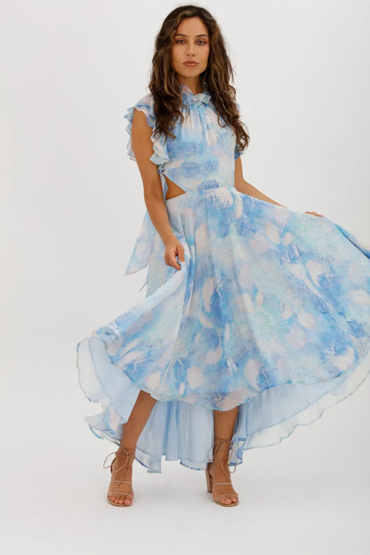 Leo Lin Oceana Open-back Gathered Printed Silk-chiffon Midi Dress In Blue Size AU 10 for rent on The Volte - main image