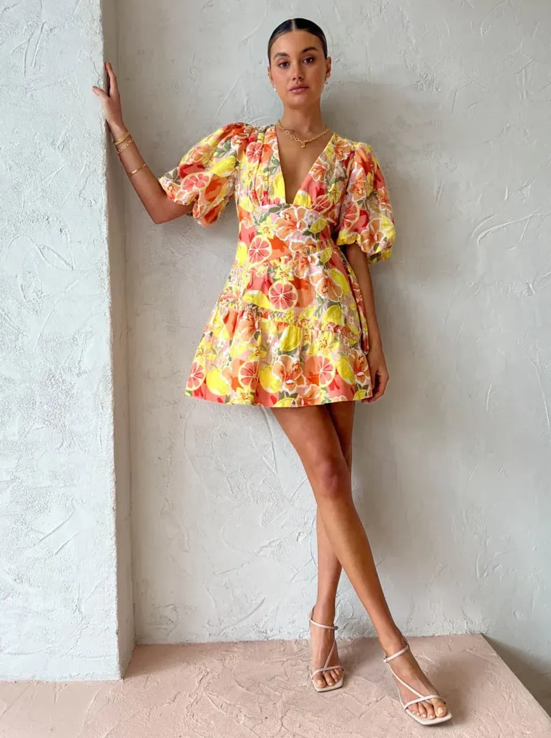 By Nicola Sol Puff Sleeve Mini Dress In Citrus Print Orange Size AU 8 for rent on The Volte - main image