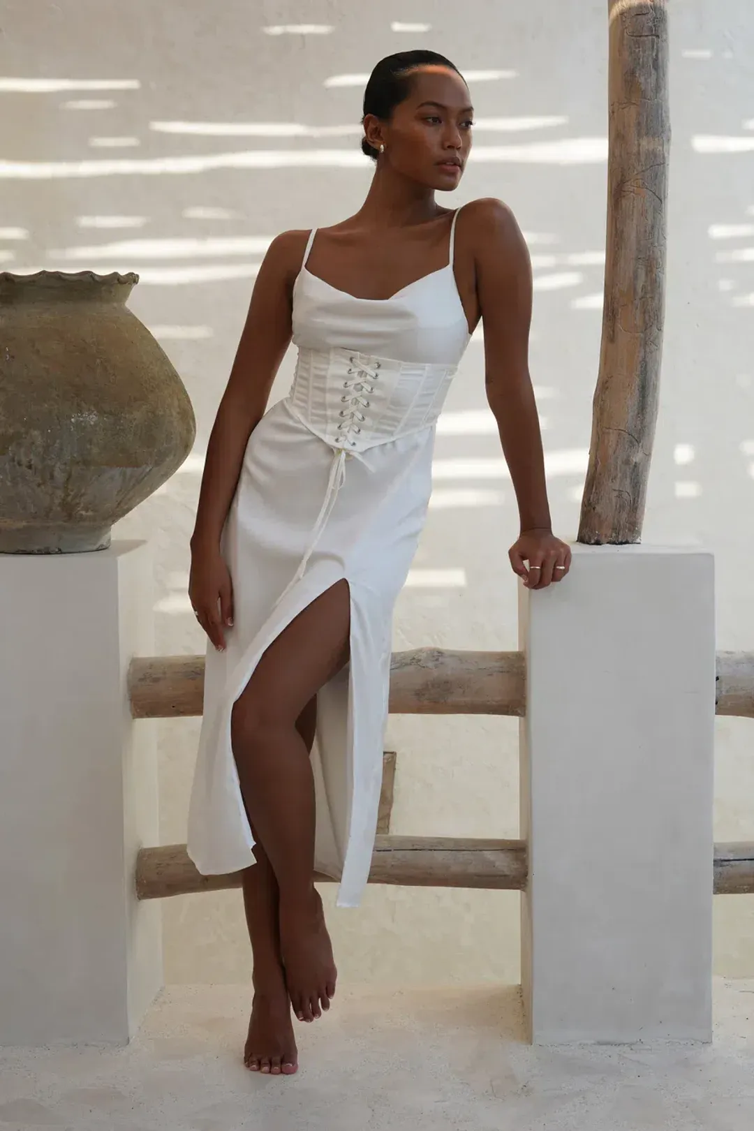 Meshki Lucy Cowl Midi Dress With Corset White Size AU 8 for rent on The Volte - main image
