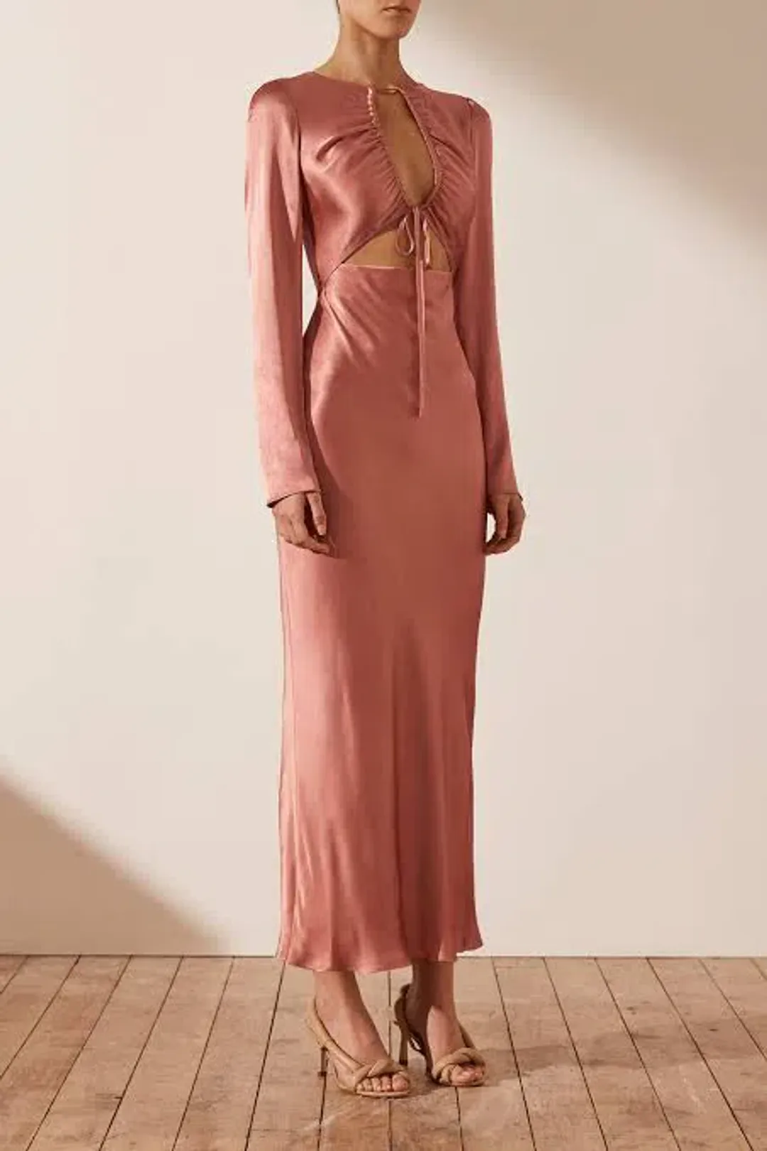 Shona Joy Angelica Long Sleeve Cut Out Front Midi Dress in Rouge Pink Size AU 10 for rent on The Volte - main image