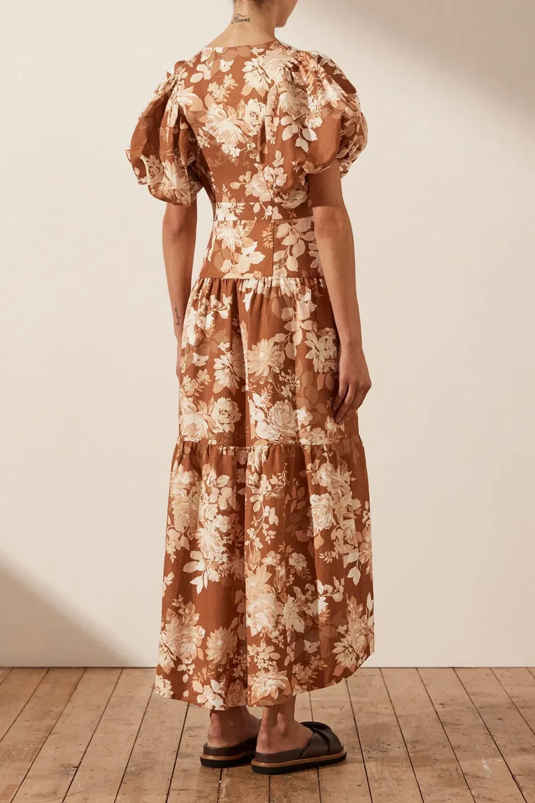 Shona Joy Capucine Linen Plunged Short Sleeve Midi Dress Almond Size 6 for rent on The Volte - main image